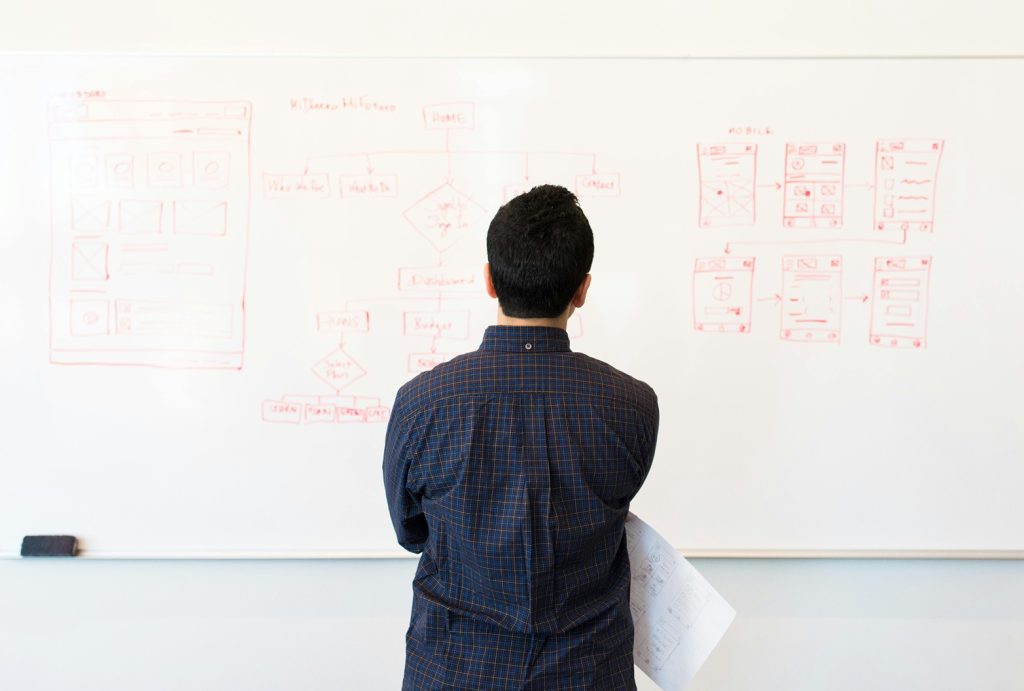 Systems thinker looking at whiteboard with workflows